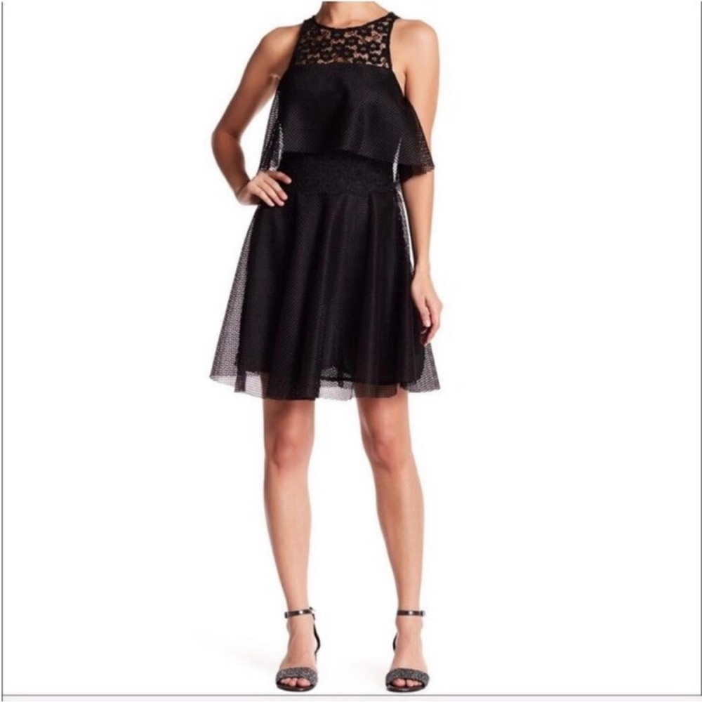 Black Lace Yoke Layered Mini Dress Black lace mini dress Betsey Johnson 6 black